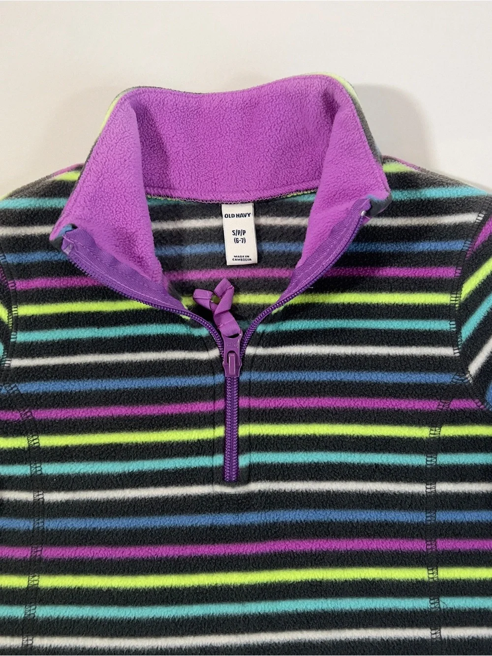 Old Navy Girls Black Striped Quarter-Zip Fleece with Purple Collar